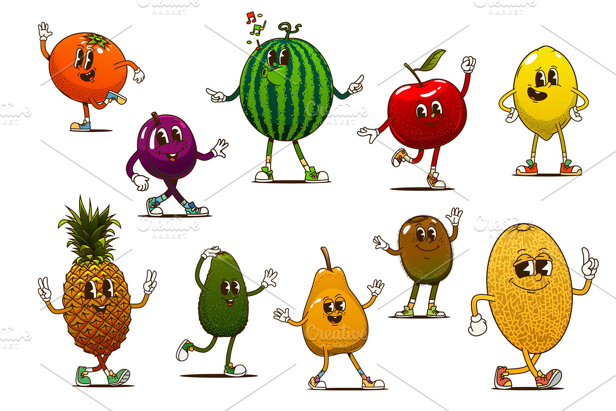 Cartoon retro groovy fruits, an Object Illustration by Vector Tradition