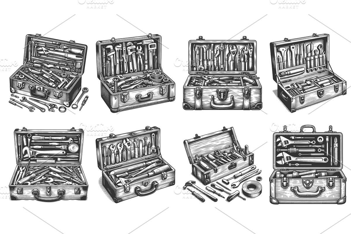 toolbox with assorted hand tools, an Illustration by AlexArt