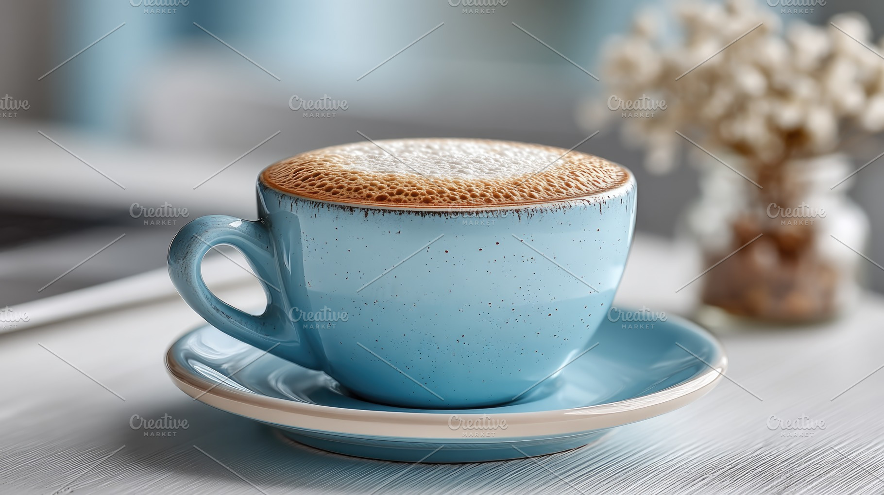 Blue Ceramic Coffee Cup with Frothy Foam in Clean Minimal Kitche, a Food & Drink Photo by José Manuel Gelpi