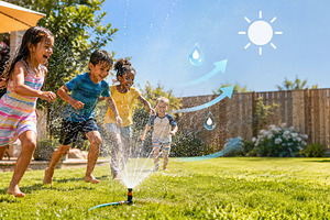 Children playing in sprinkler on hot, a Photo by Dvoevnore photos