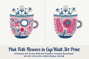 8 pink folk flower in cup print, a Decorative Illustration by ARTOZEN DIGITAL