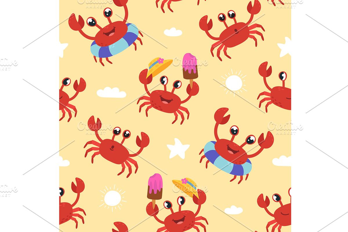 Cartoon crab seamless pattern. Funny, an Animal Illustration by LadadikArt