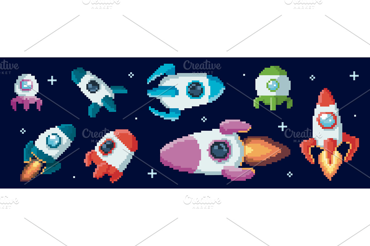 Retro pixel rocket designs for space, a Transportation Illustration by art PVP - market