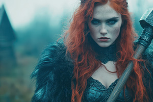 Red-haired Viking woman holding a large hammer, in a fur cloak, stares fiercely, a Person Photo by Mashimara
