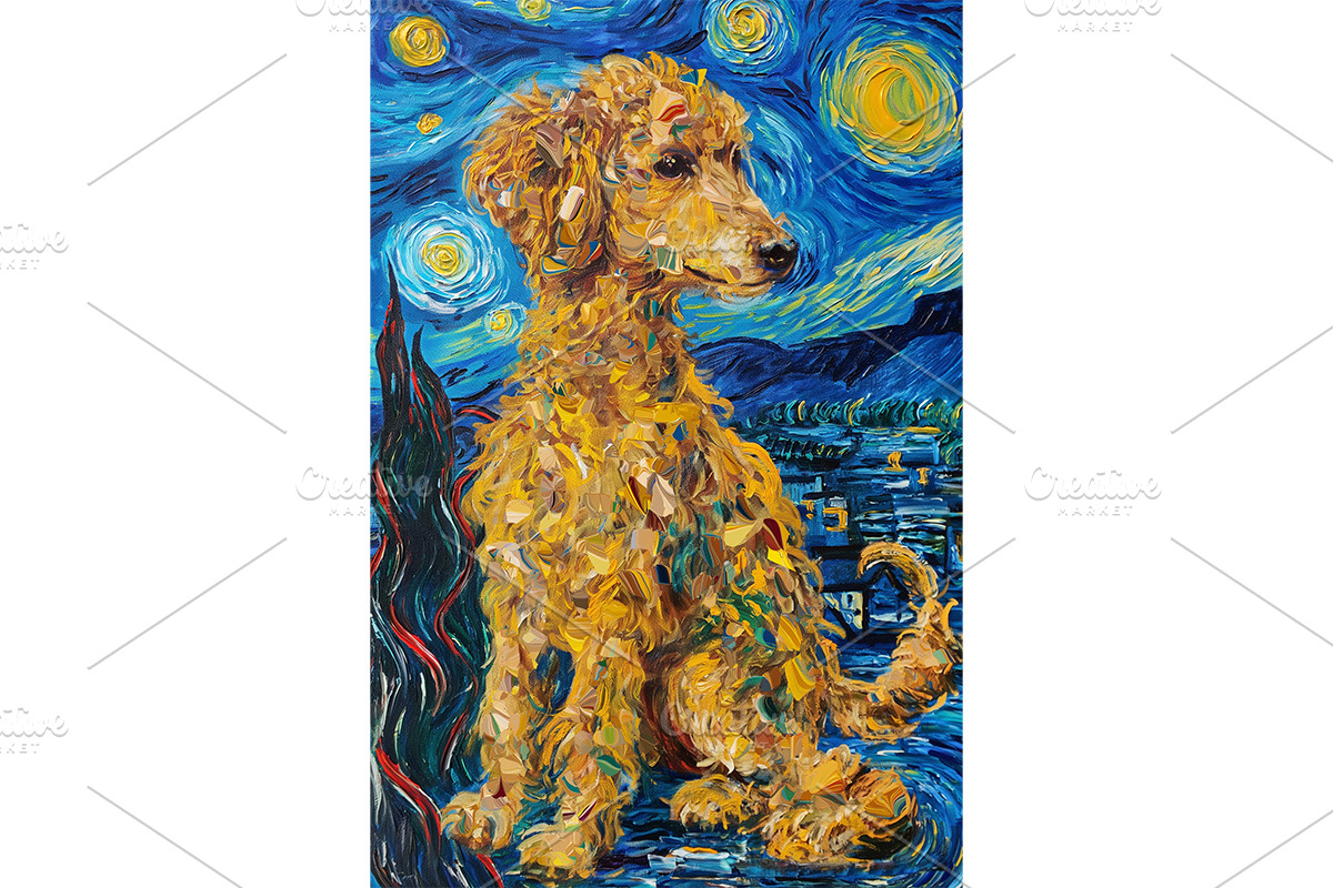 Poodle Dog Van Gogh Starry Art Print, an Animal Illustration by Art Paradise Studios