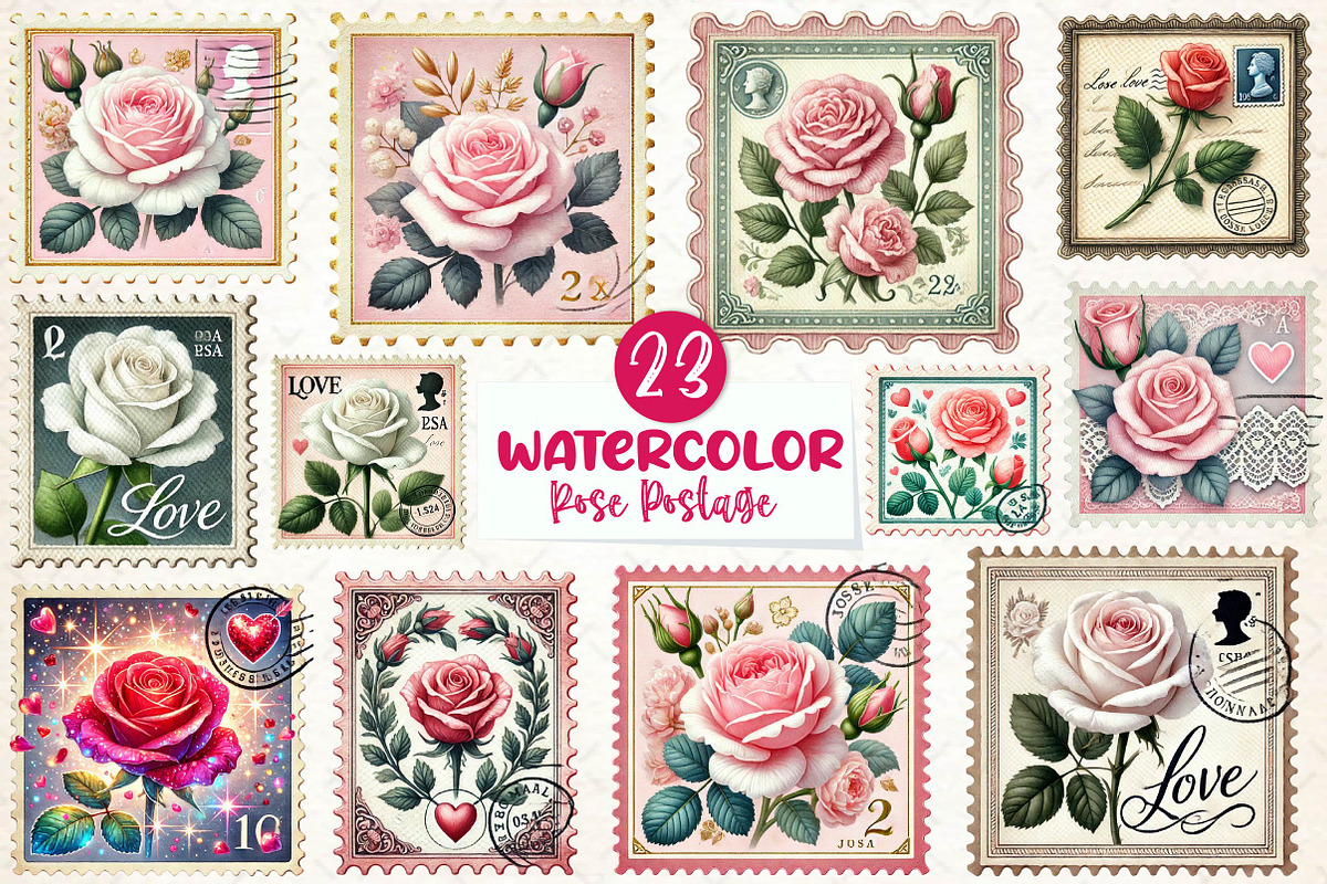 Valentine Rose Postage Stamp Clipart, an Illustration by CreationArt (Photo 1 of 5)