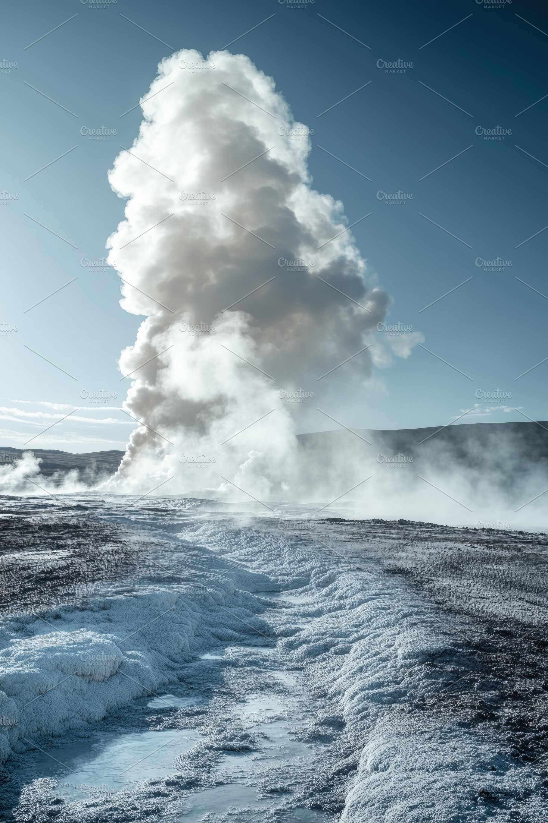 A dramatic geyser erupts in a geothermal area, sending a large plume of steam a, a Nature Photo by Textures & Backgrounds