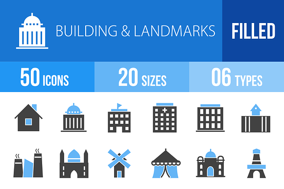 50 Buildings Blue & Black Icons preview 4