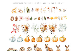 Watercolor Autumn Floral Animal Set