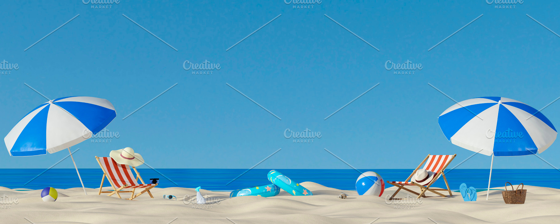 Summer beach panorama with umbrellas and vacation objects, a Holiday Photo by RF Images