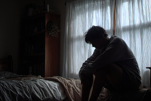 Person sitting alone by window feeli, a Photo by Pixeness Studio