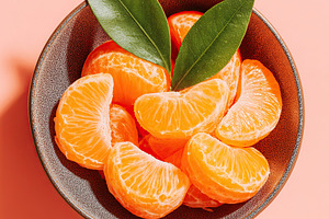 Fresh citrus segments in a deep matte ceramic bowl against a pastel background, a Food & Drink Photo by AlyaAnd
