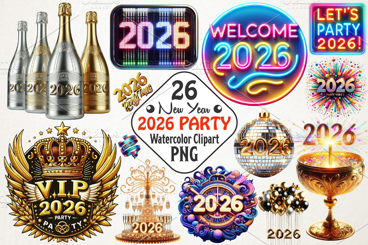 2026 New Year Party Clipart, an Illustration by RobertsArt (Photo 1 of 3)
