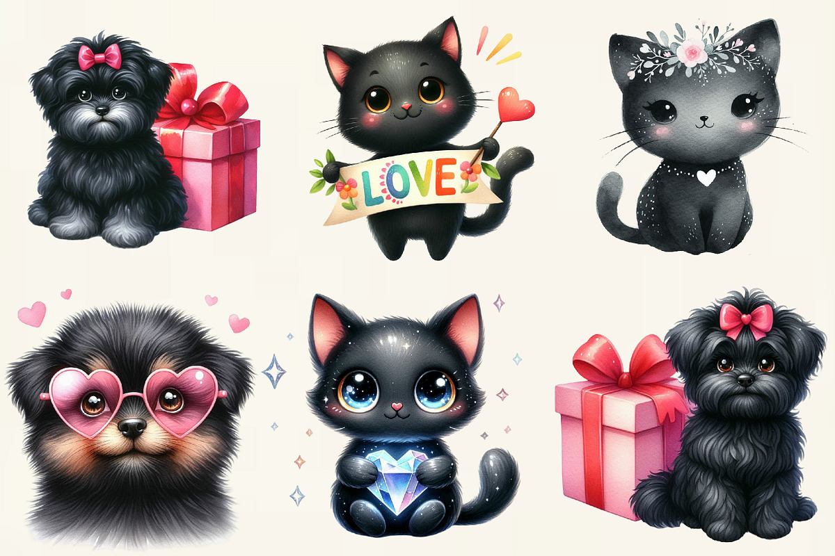 Whimsical Valentine Black Dog & Cat, an Illustration by DreamCafeArt (Photo 5 of 6)