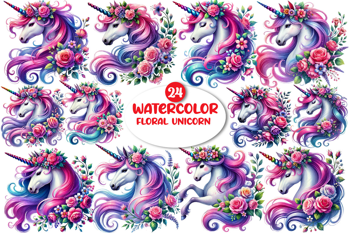 Floral Unicorn Clipart, Floral Clipa, an Illustration by DreamArtGraphic (Photo 1 of 5)