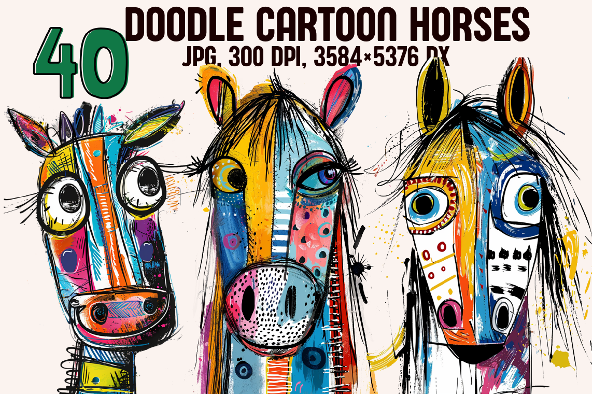 Doodle Cartoon Horses, an Animal Illustration by PrintHaven Designs (Photo 1 of 9)