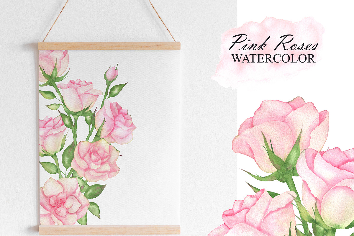 Watercolor pink roses and leaves, an Illustration by OlDm_Shop (Photo 5 of 10)