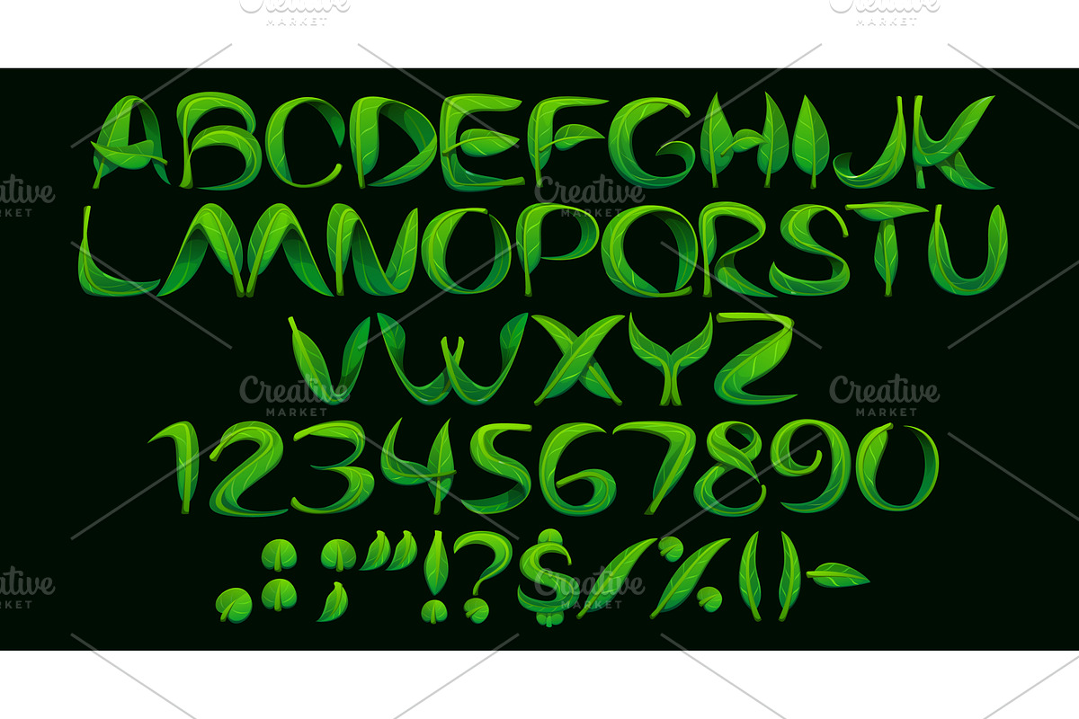 Green leaf font alphabet, an Object Illustration by Vector Tradition