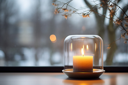 Candle in a glass candleholder on a windowsill, with winter land, a Holiday Photo by Studio Light & Shade