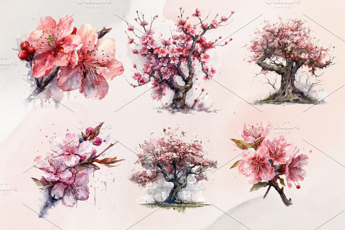 12 Watercolor Cherry Blossom Clipart, a Decorative Illustration by Jalina Clipart Studio (Photo 2 of 9)