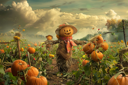 A scarecrow with a pumpkin head smil, a Photo by Iftikhar Alam