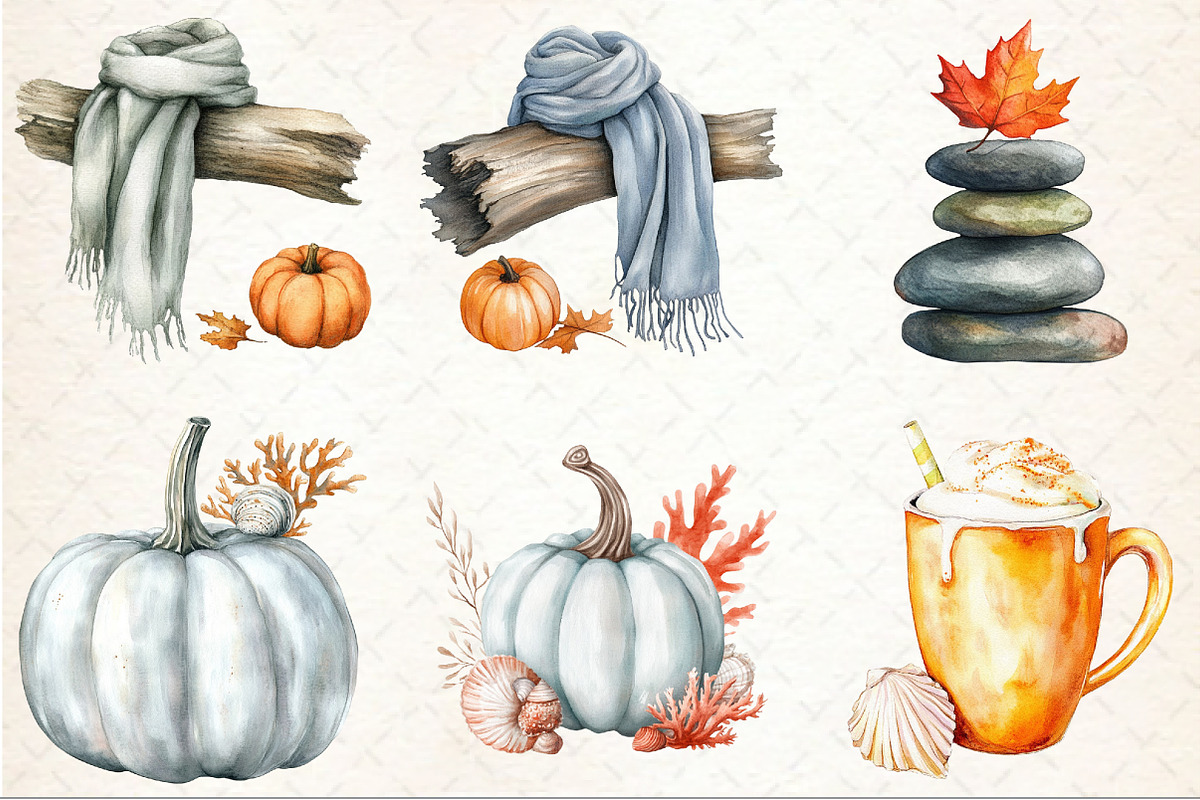 Watercolor Coastal Autumn Clipart, an Illustration by Rose Art (Photo 3 of 7)