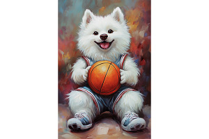 Basketball Samoyed Dog Wall Art, an Animal Illustration by Art Paradise Studios