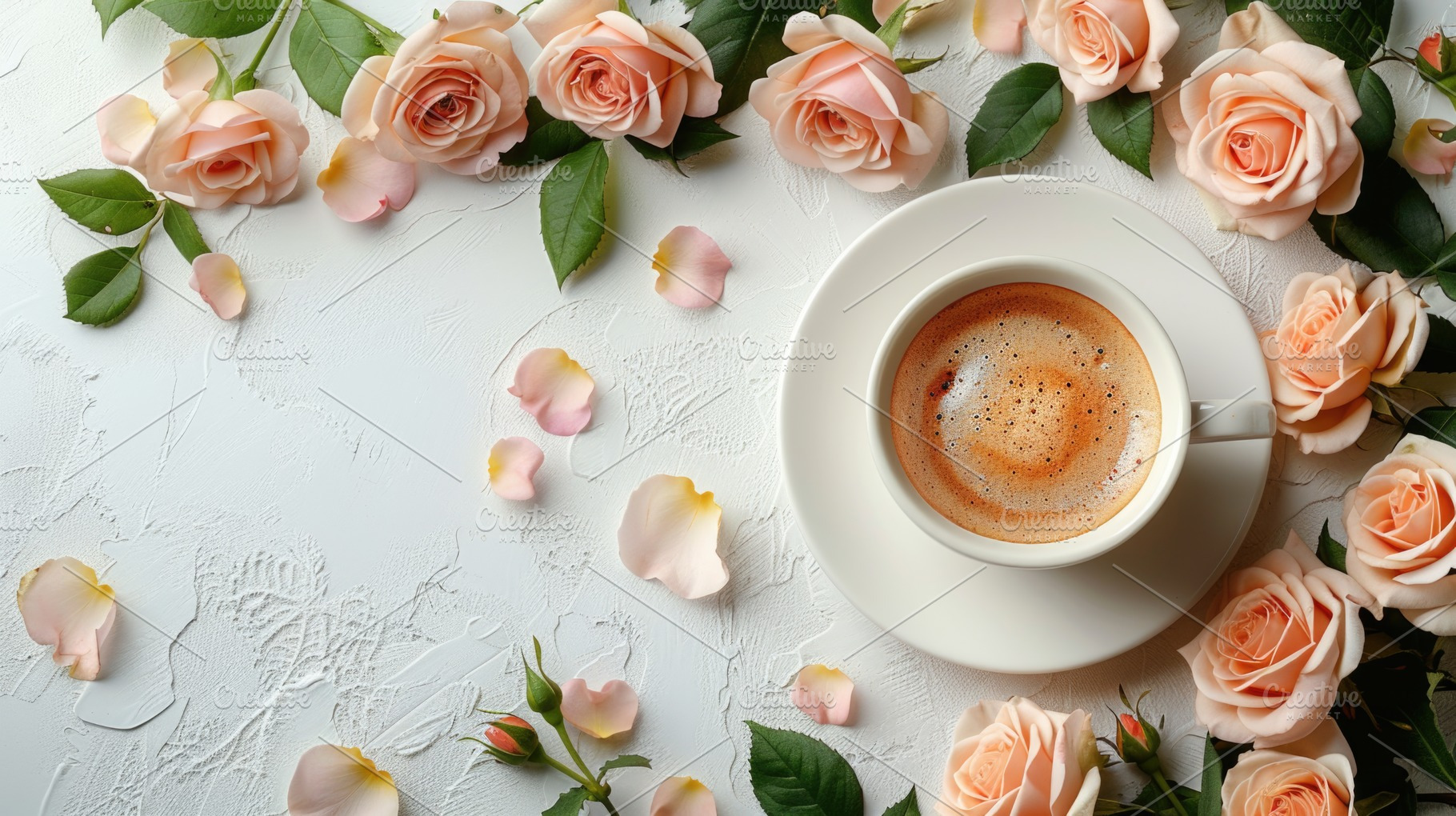 Coffee cup with peach roses on white textured background flat la, a Holiday Photo by José Manuel Gelpi