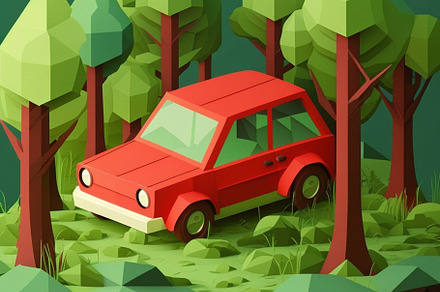 Low Poly Red Car in the Forest