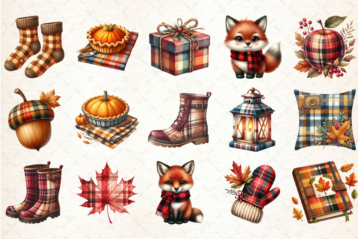 Watercolor Plaid Autumn Clipart, an Illustration by Rose Art (Photo 2 of 7)