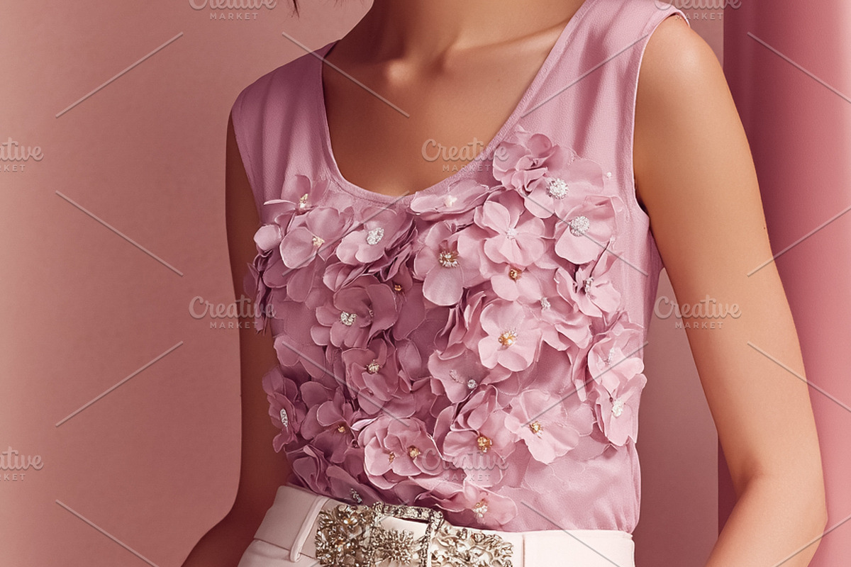 Woman modeling elegant fashion outfit with pink top, white pants, a Beauty & Fashion Photo by Studio ANNA (Photo 1 of 2)