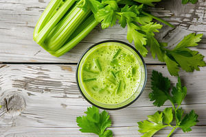 Fresh celery juice in glass on wooden table, a Food & Drink Photo by AlyaAnd