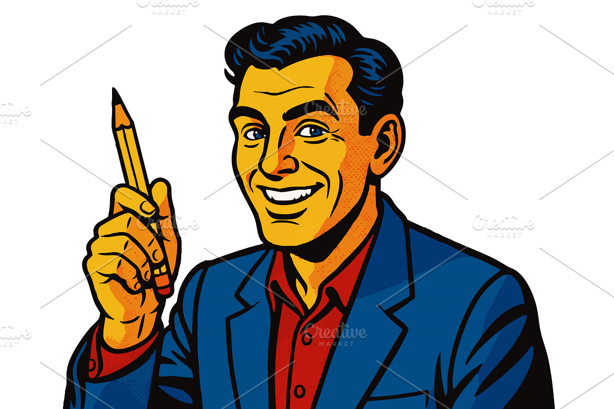 Smiling Cartoonist Holding Pencil, a Person Illustration by AlexArt