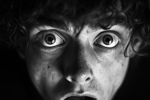 A close-up black and white portrait of a young psycholinguist man with curly ha, a Person Photo by Textures & Backgrounds
