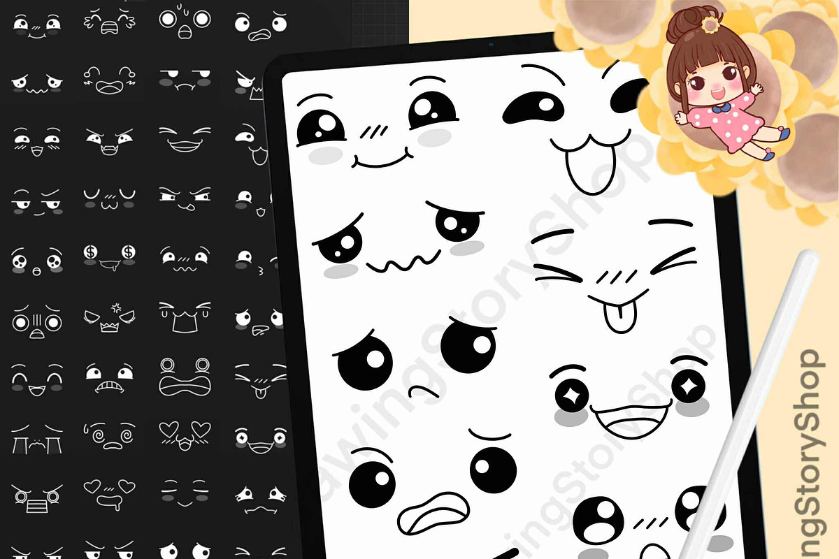 200 Procreate Kawaii Faces Stamp, a Brush Add-On by DrawingStoryShop