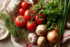 Fresh farm vegetables and herbs arranged on a rustic cloth for a seasonal harve, a Food & Drink Photo by AlyaAnd