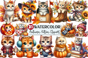 Watercolor Autumn Kitten Clipart, an Illustration by Rose Art