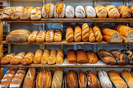 Different kinds of baked bread on shelves in bakery shop, a Food & Drink Photo by AlyaAnd