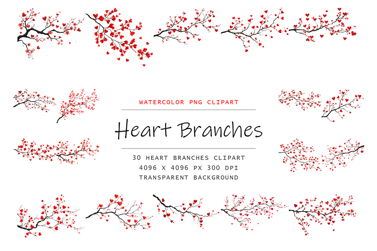 Watercolor Heart Branches Clipart, a Decorative Illustration by stickermadness (Photo 1 of 4)