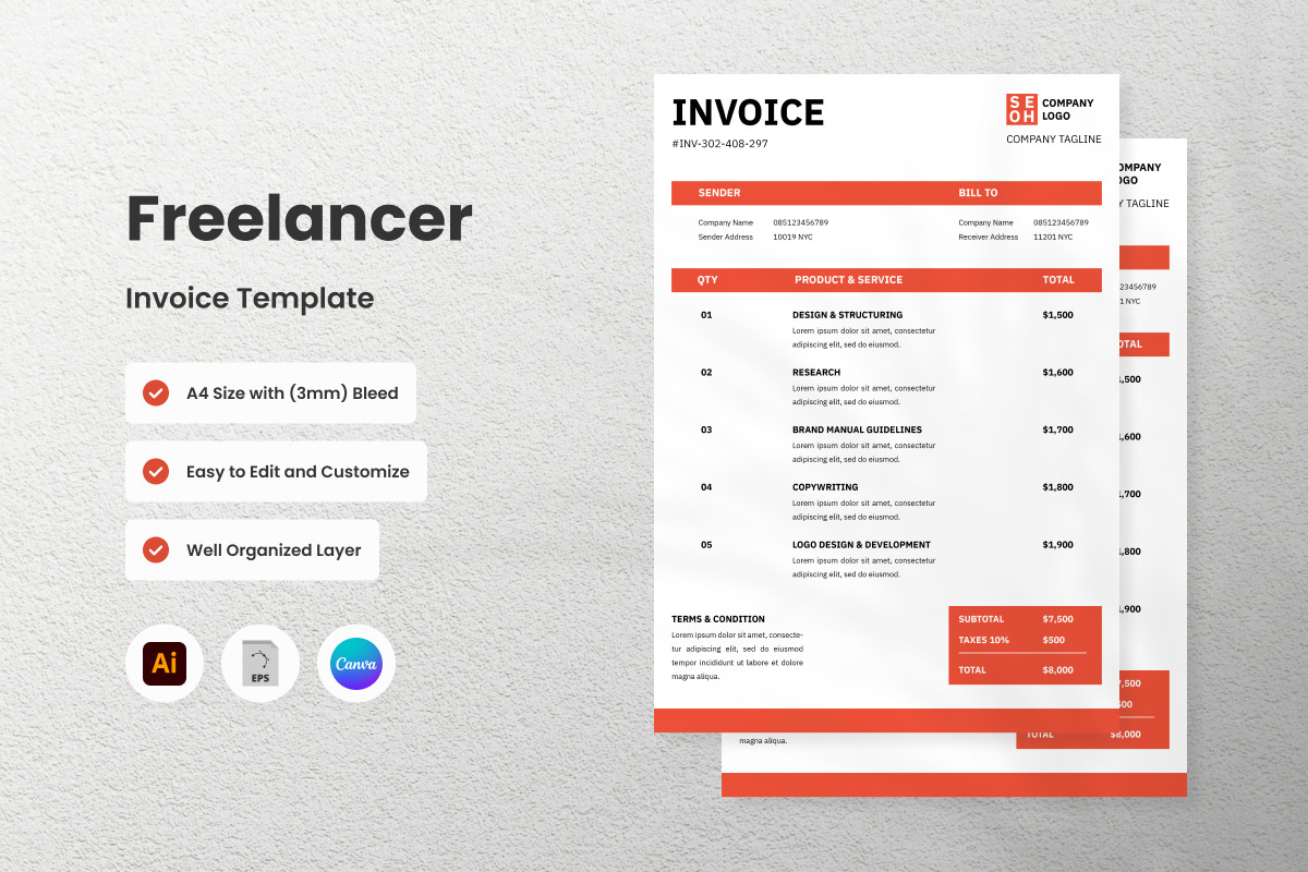 3 Set Freelancer Invoice Template V1, a Print Template by twinstd (Photo 3 of 3)