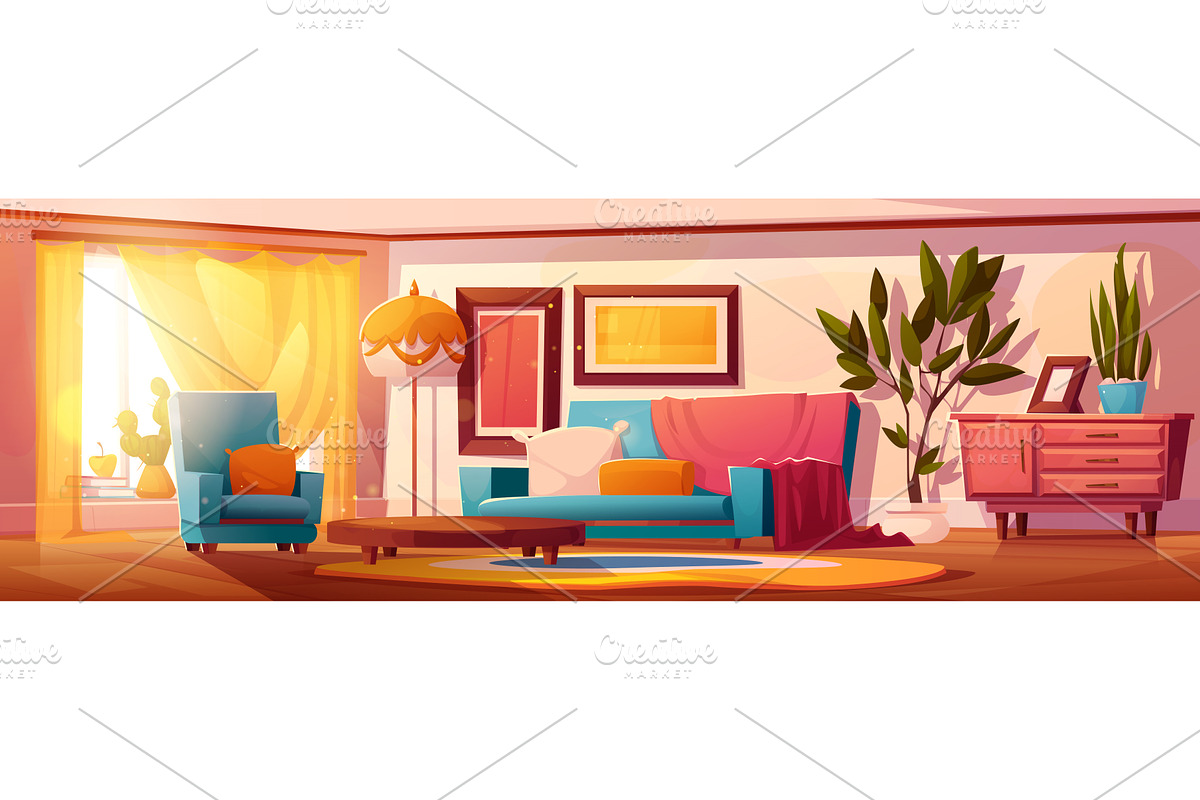 lounge cartoon living room interior, an Object Illustration by art PVP - market