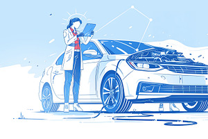 Mechanic performs technical inspection and diagnostics for car in repair worksh, an Illustration by AS photostudio