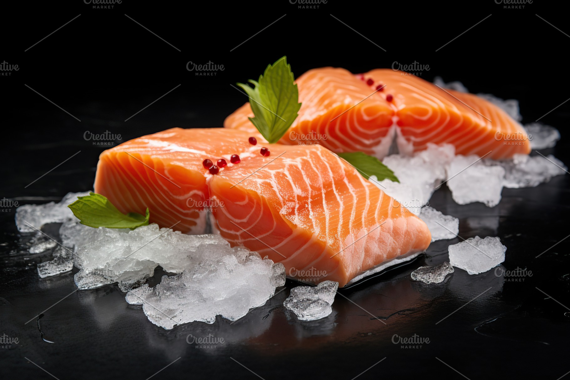 Fresh salmon fillet with ice on black background, a Food & Drink Photo by AlyaAnd