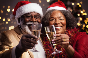 Senior black couple wearing Santa hats toasting, a Holiday Photo by Davizro's Market