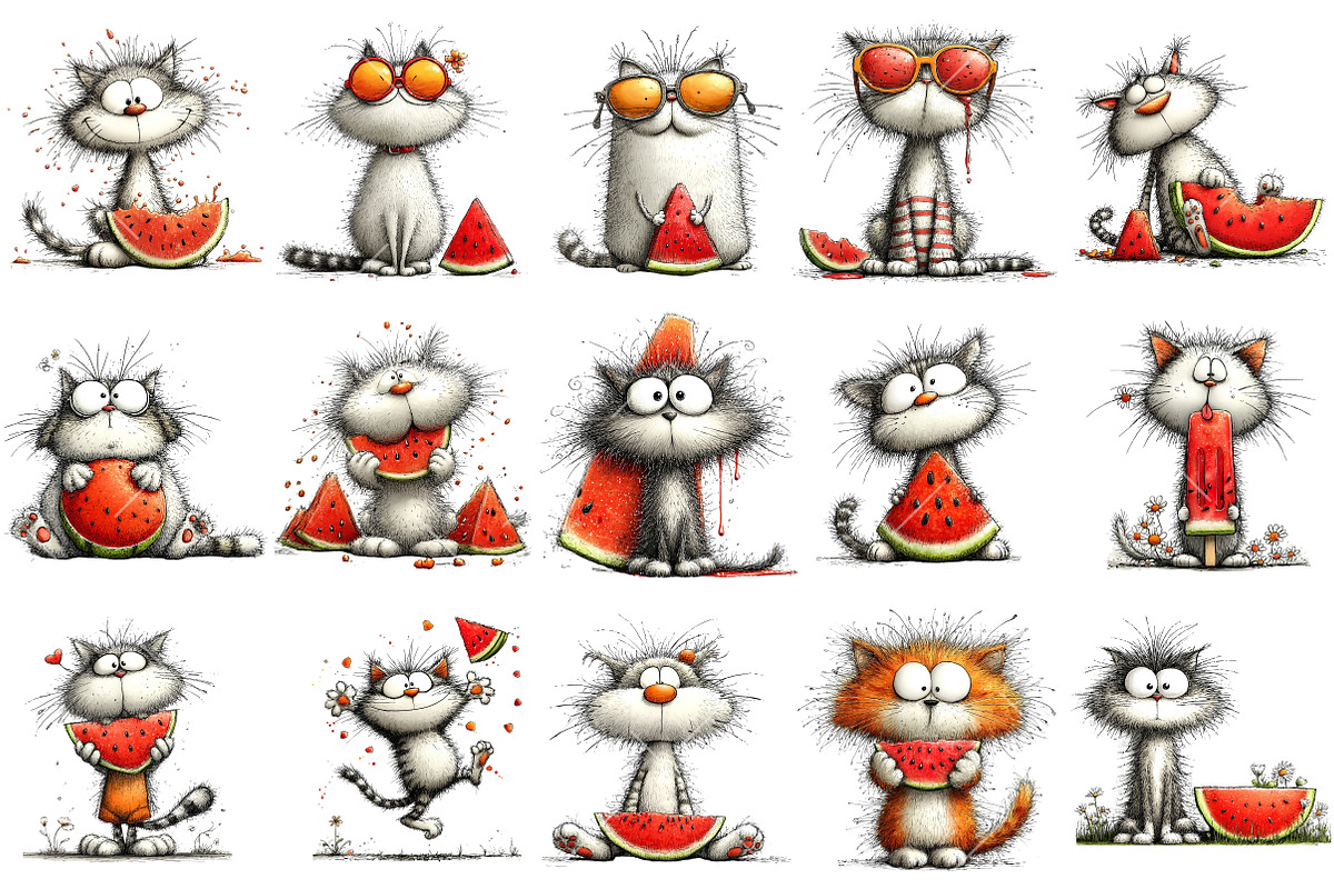 Summer Cat Enjoy Watermelon Clipart, an Illustration by OK Design (Photo 3 of 6)