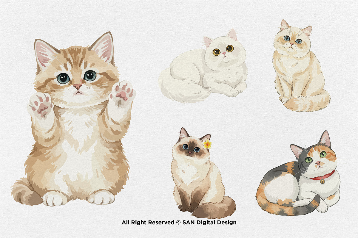 15 Bundle Watercolor Lazy Cats Kiten, an Animal Illustration by Morspective (Photo 6 of 8)