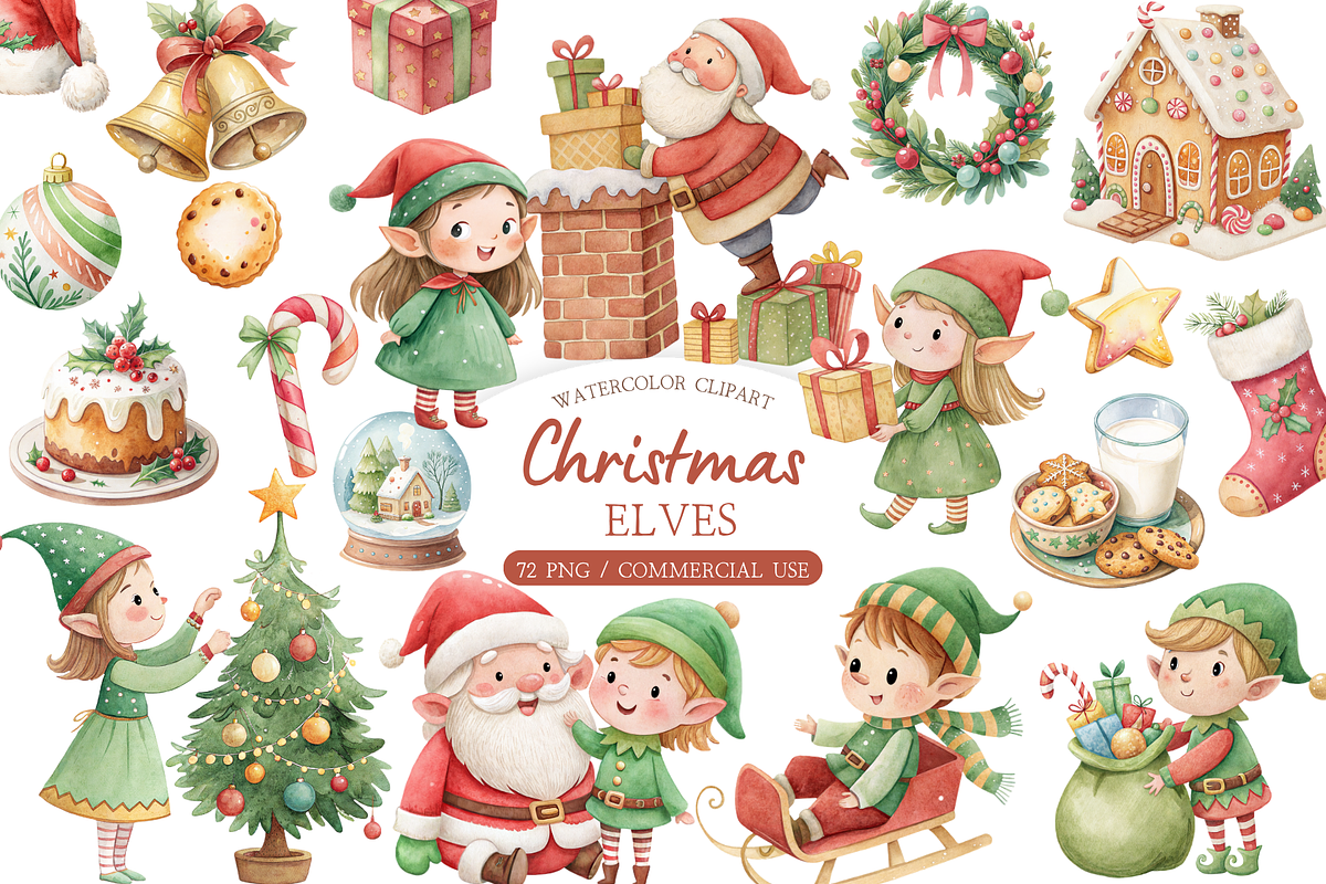 Christmas Elf Watercolor Clipart Set, a Decorative Illustration by MockupWizard (Photo 1 of 6)