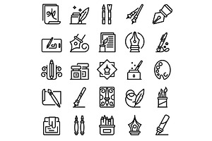 Calligraphy tools icons set, outline, a Decorative Illustration by Ylivdesign