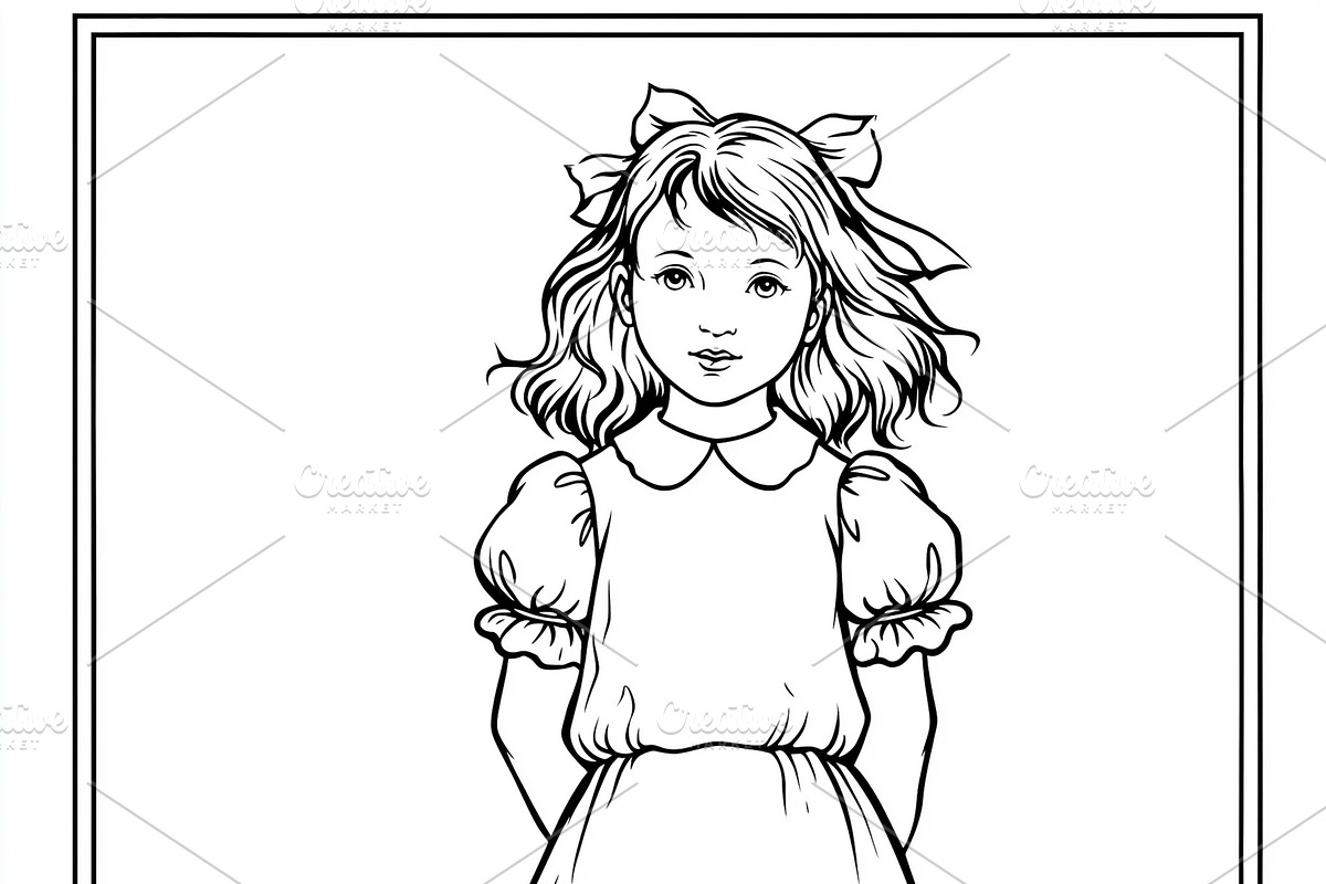 Young girl in vintage dress coloring page, an outline drawing fo, an Illustration by Studio ANNA