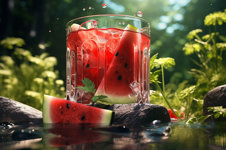 Fresh tropical cocktail with watermelon and ice with tropical trees and plants, a Food & Drink Photo by Natalia Klenova's Shop